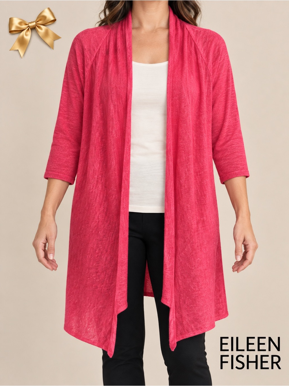 Eileen Fisher Petite M Linen Cotton Coral Waterfall Cardigan